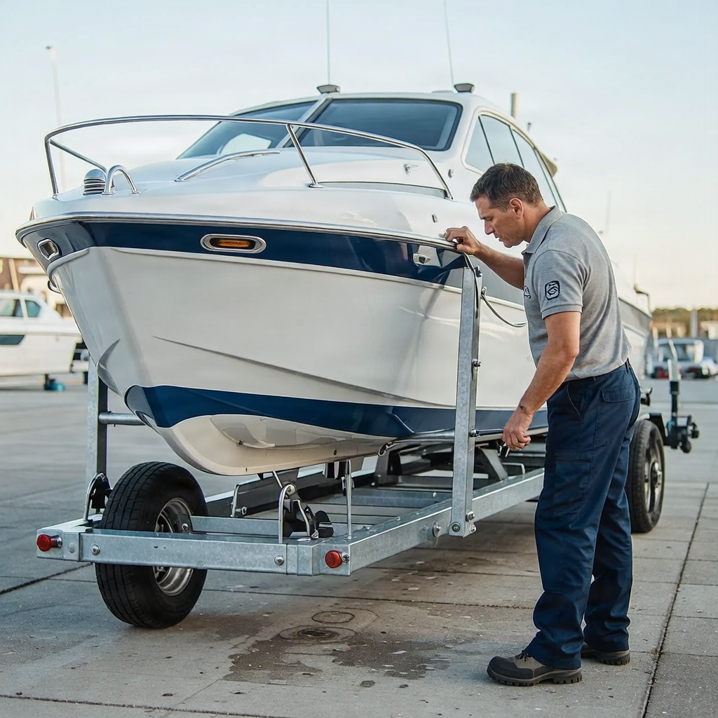 Modern trailer boat being professionally inspected on its trailer.